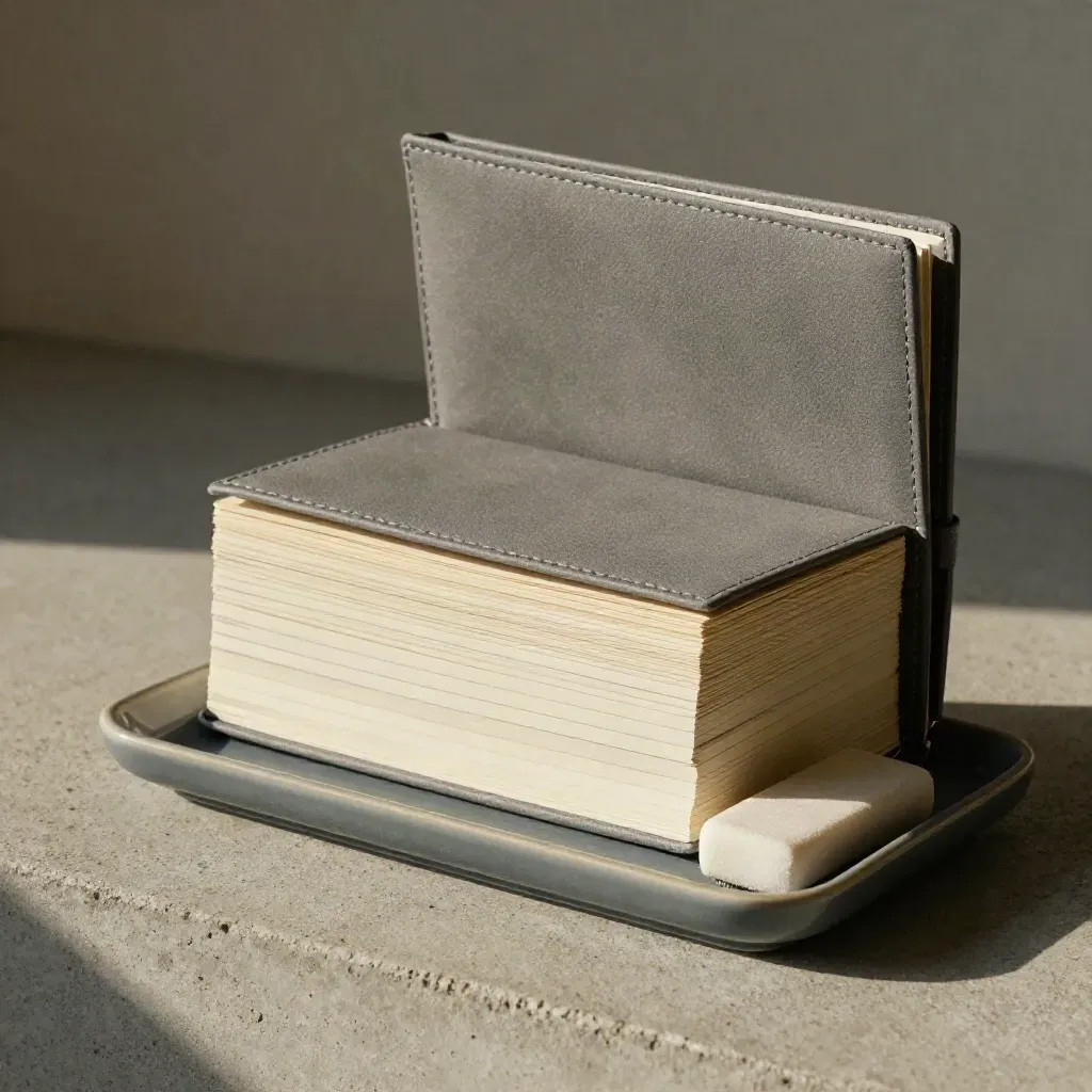Planer, Kartenstapel, Radierstoff und Tablett auf hellem Beton, ruhig und präzise.