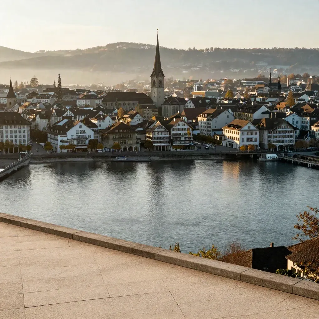 Zürich am goldenen Abend, Seespiegel und Altstadttürme hoch im Bild.