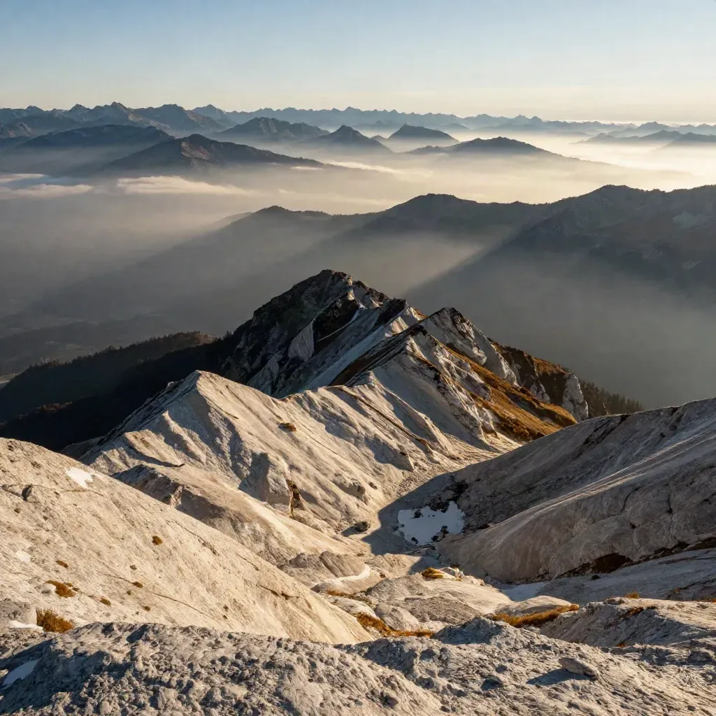 Weite Alpenlandschaft mit Nebel und hellem Plateau für Online in der Schweiz.