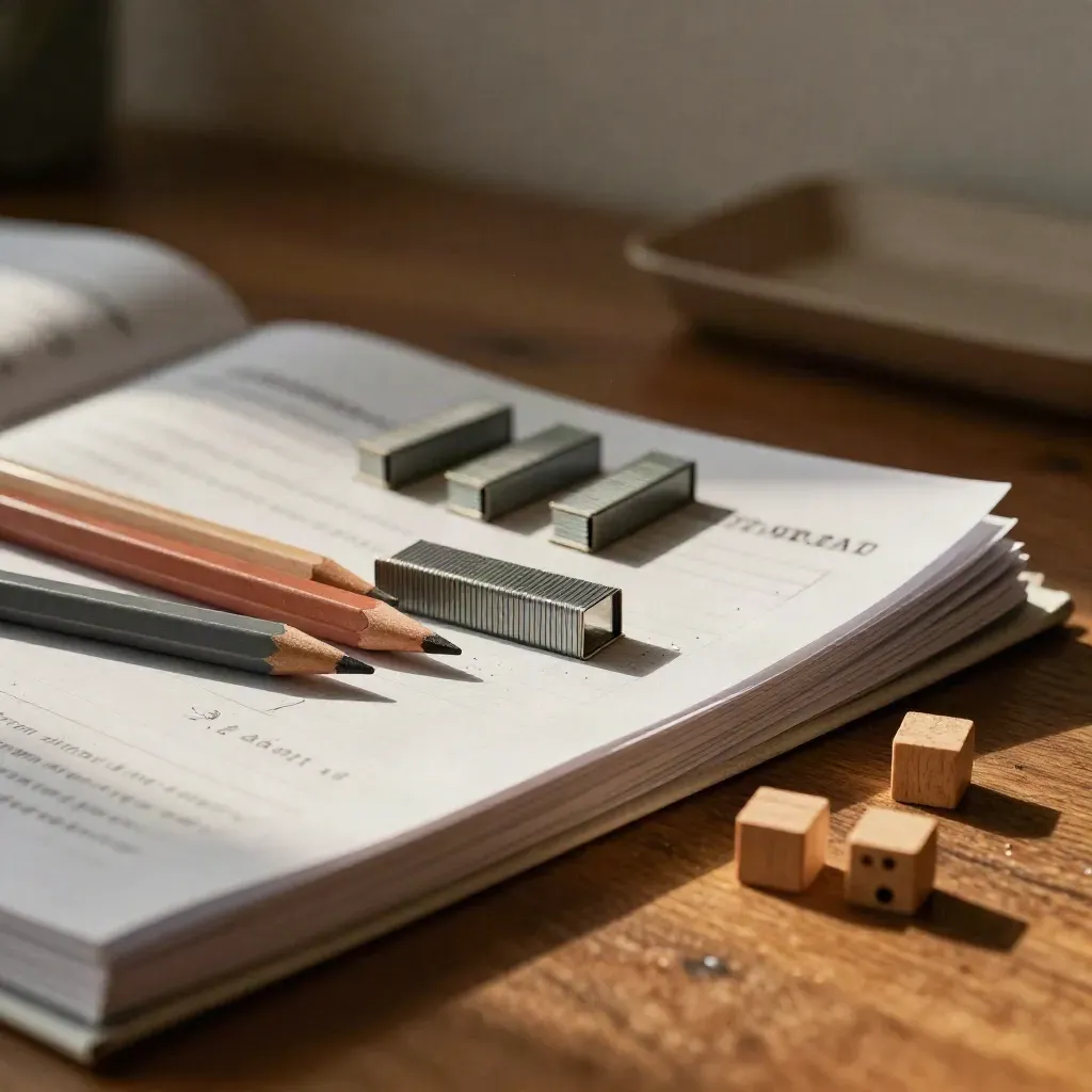 Nahaufnahme eines Hausaufgaben-Tisches mit Mathe-Material, Buntstiften, Radiergummi und geordnetem Aufgabenstapel.