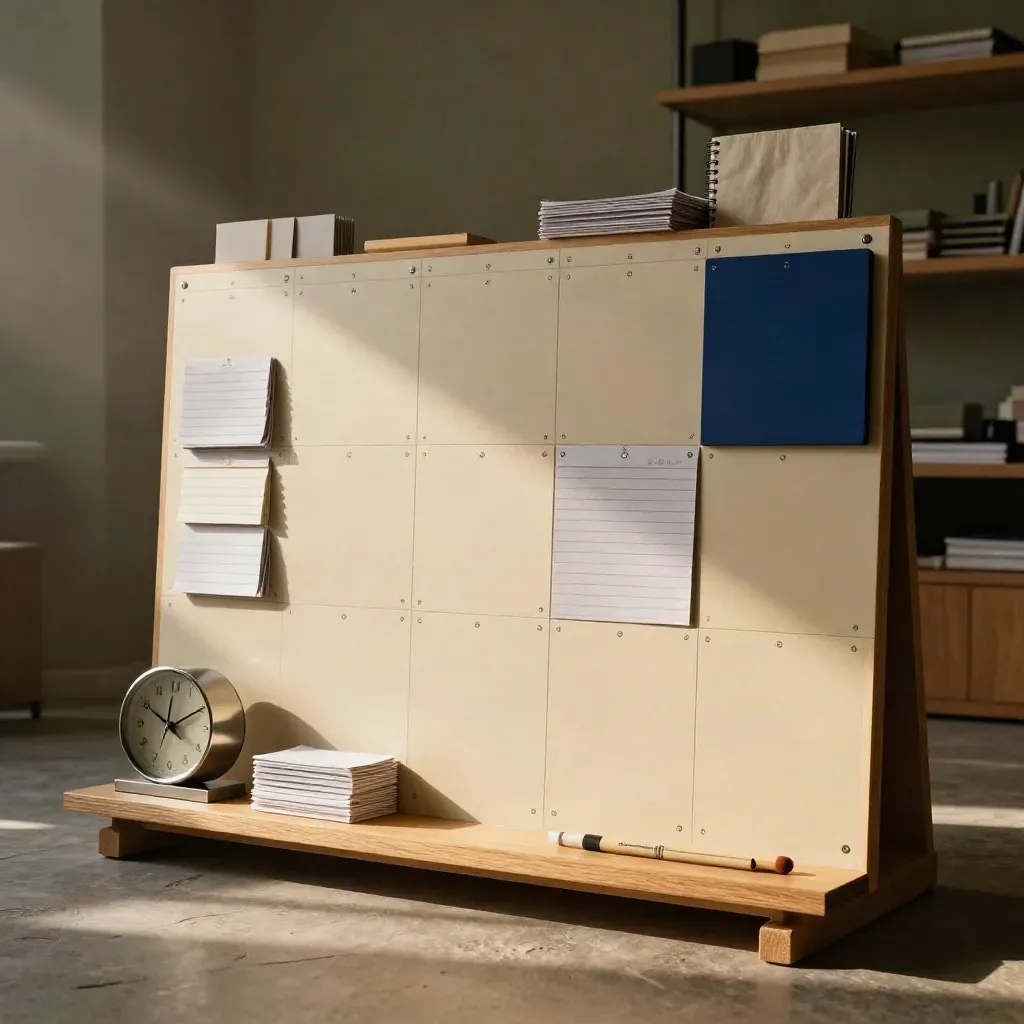 Wochenplan-Raum mit Raster-Board, Lernkartenstapeln und Tischuhr im Morgenlicht.
