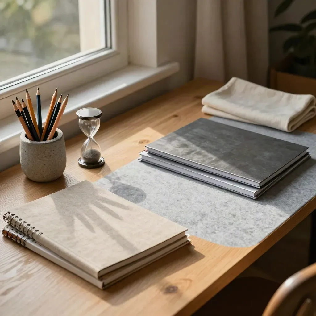 Aufgeräumte Hausaufgaben-Ecke mit Farbstiften, Sanduhr und Heften im Abendlicht.