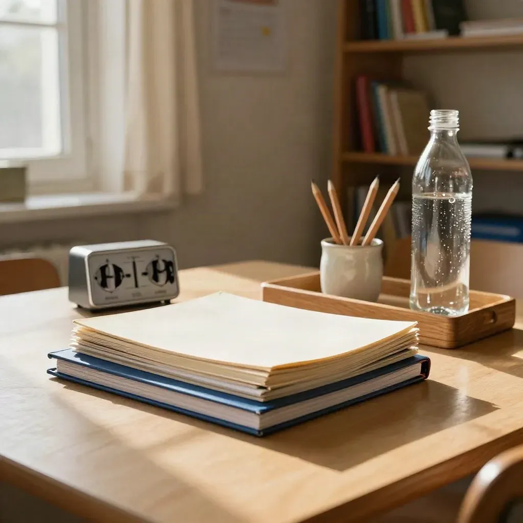 Ordentlicher Prüfungsarbeitsplatz mit Heften, Timer, Stiften und Wasserflasche im Morgenlicht.
