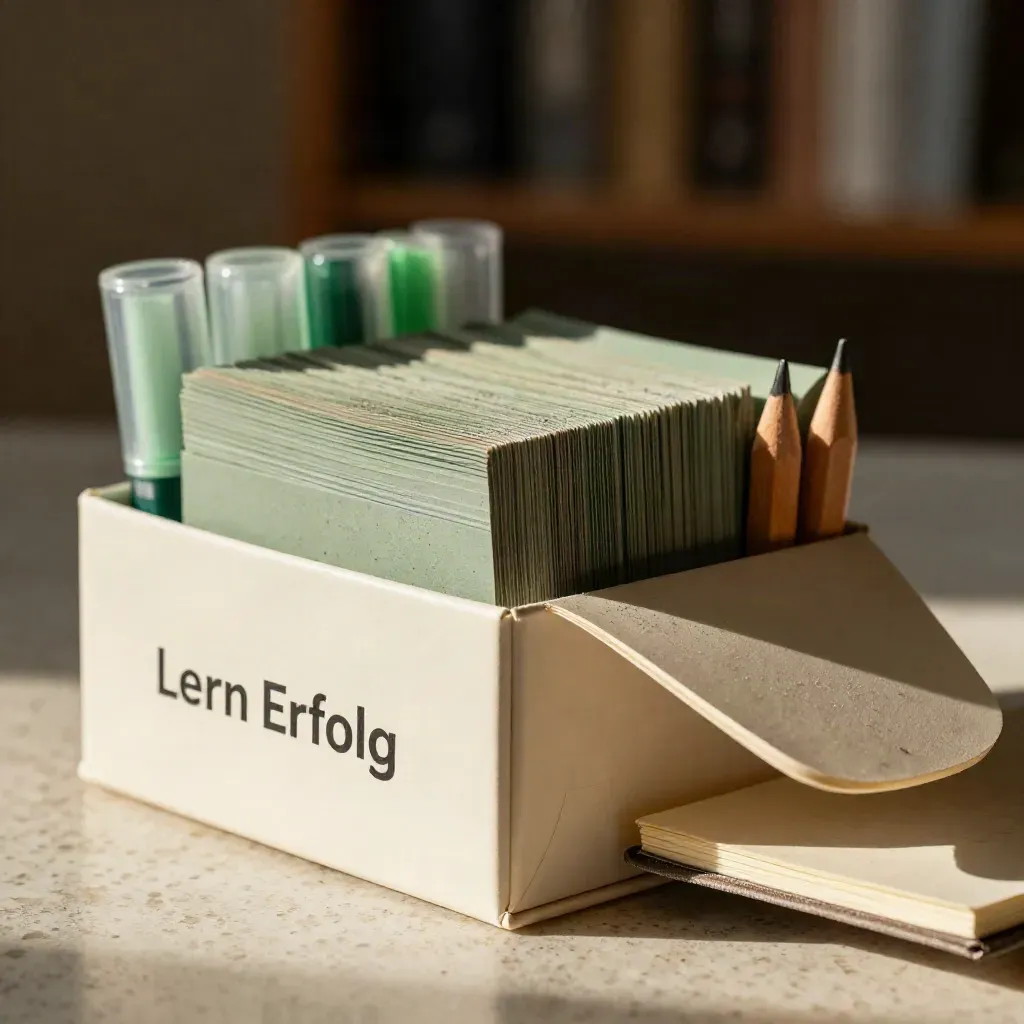 Makro von Kartenbox, grünen Markern und Bleistiftspitzen auf hellem Travertin.