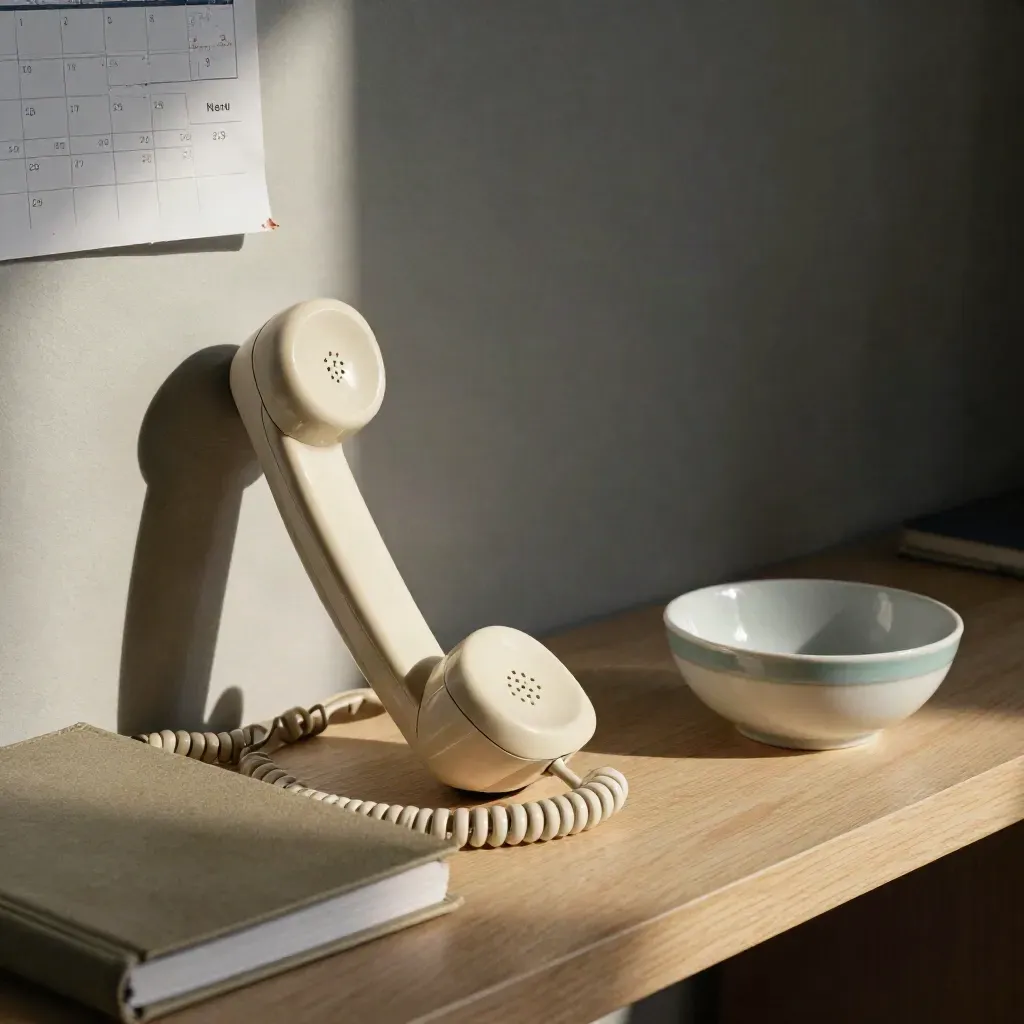 Telefonhörer, Kalenderkante, Notizbuchrücken und Porzellanschale im hellen Nahlicht.