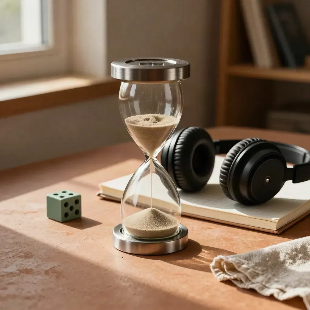 Fokus-Stillleben mit Sanduhr, Kopfhörern, Notizbuch und Fidget-Objekt auf Terrakotta.