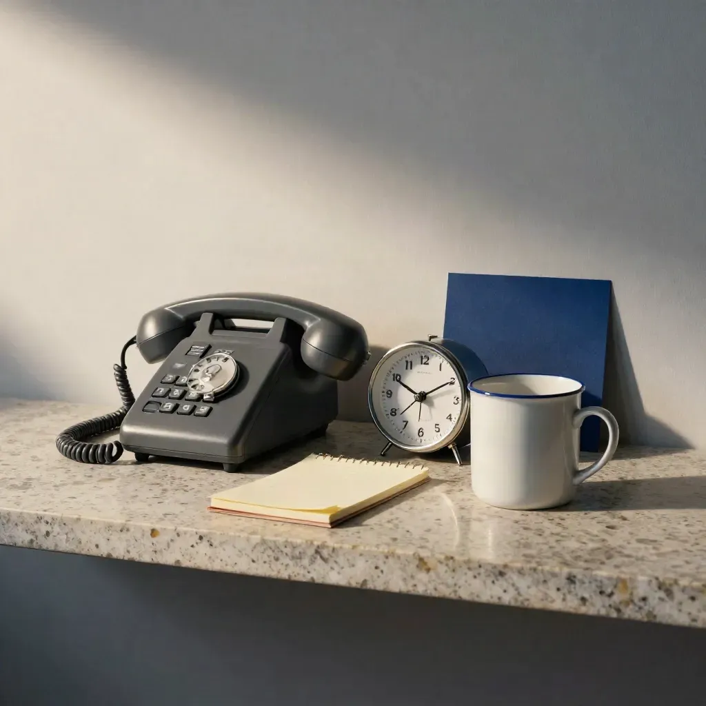 Telefon, Notizblock, Tischuhr und Becher auf schmaler Steinkante im Morgenlicht