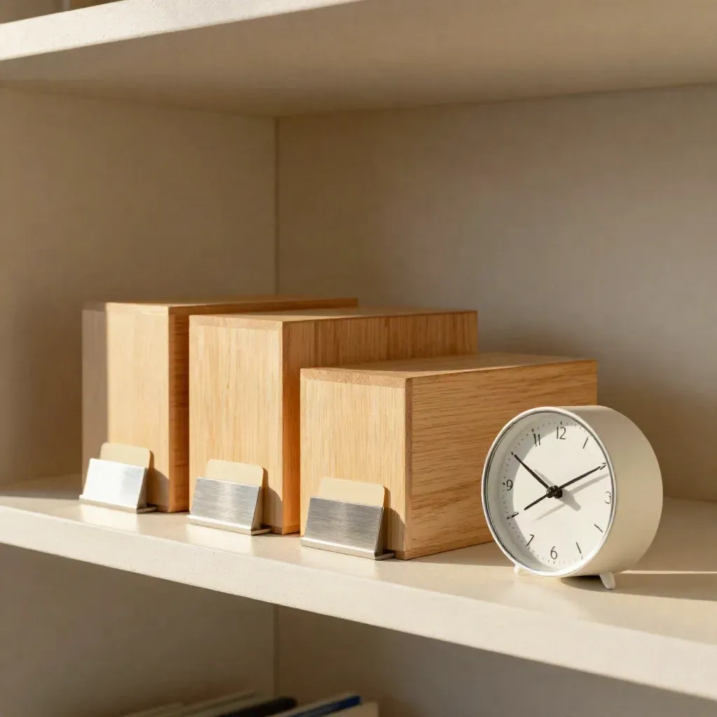 Holzboxen, Kartenhalter und kleine Tischuhr auf hellem Regalkanten-Sockel.