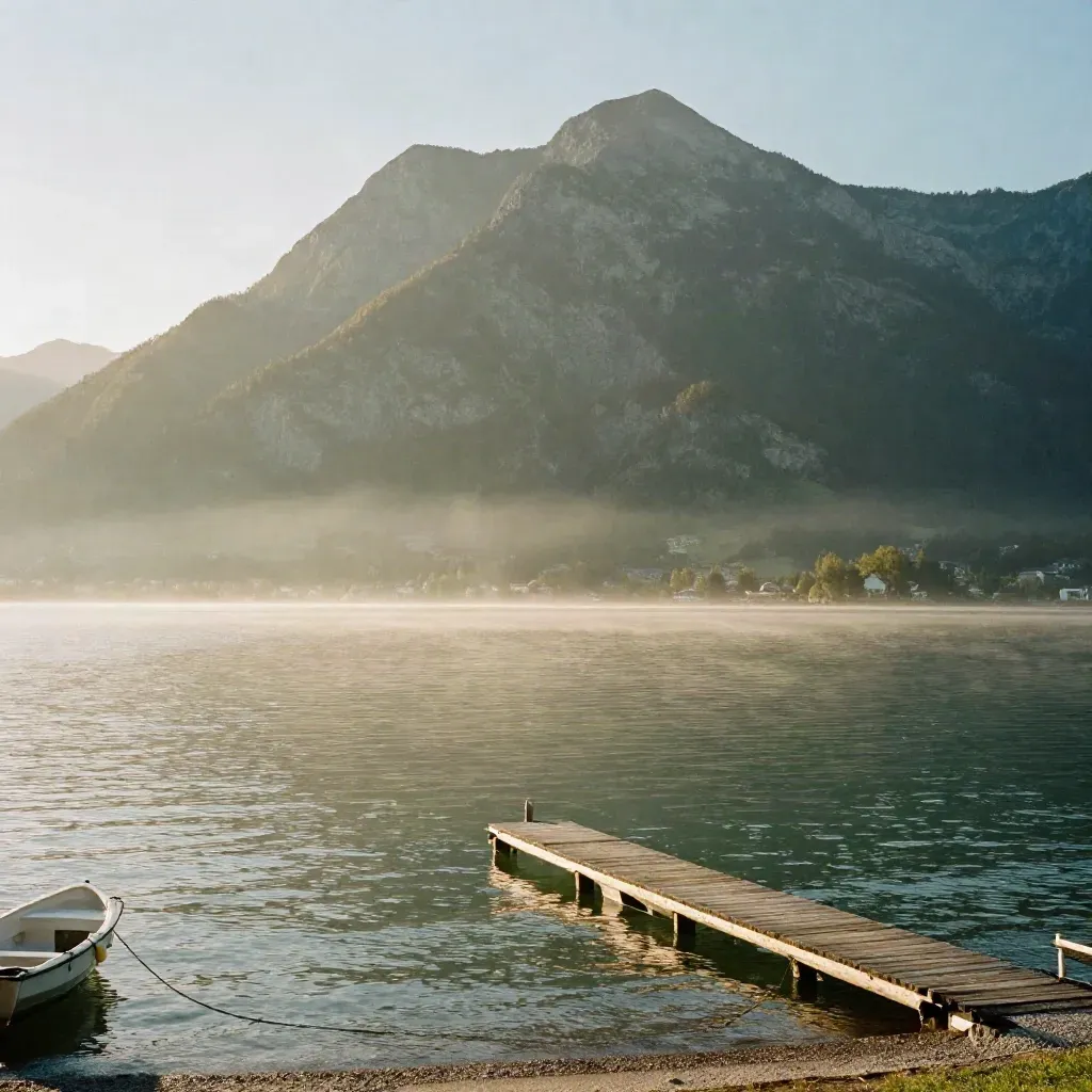 Vierwaldstättersee im Goldlicht mit Nebel, Bergmassiv hoch oben und ruhigem Hafenrand.